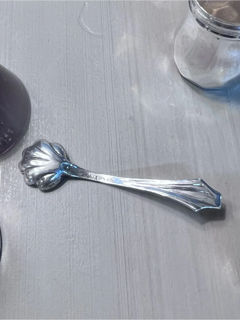 Vintage Sterling Silver Salt Cellar with Amethyst Glass , Shell Spoon & Shaker